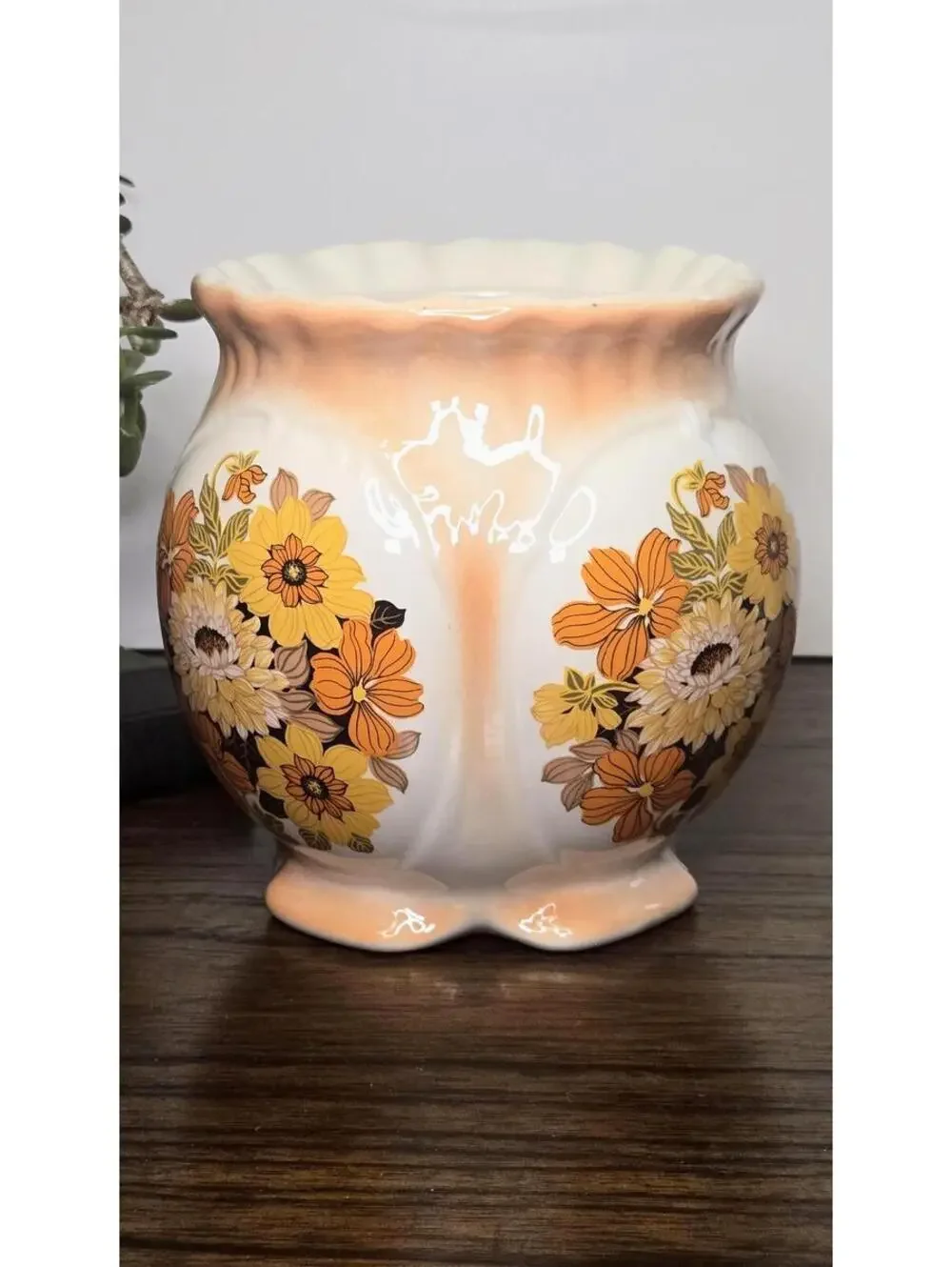 Vintage Handmade Orange and Floral Ceramic Pot Vase